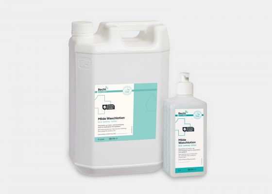 Becht Mild Washing Lotion in pump bottle and refill container for gentle hand and skin cleansing.