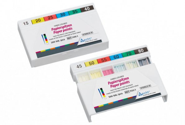 Becht pro medix paper points in color-coded boxes for endodontic root filling.