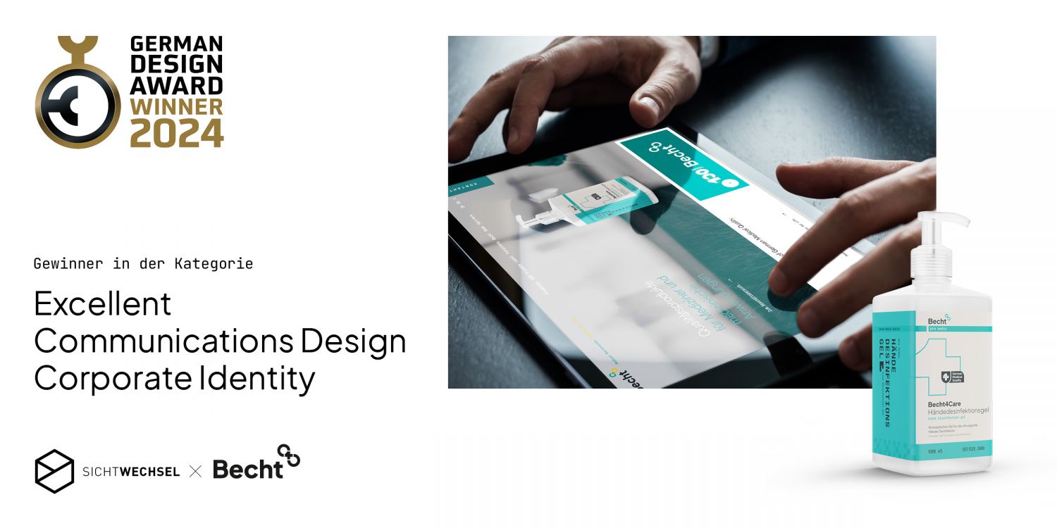 Gewinnerlogo des German Design Award in der Kategorie „Excellent Communications Design – Corporate Identity“, eine Hand auf einem Tablet mit der Becht-Website und eine Becht-Handdesinfektionsflasche.