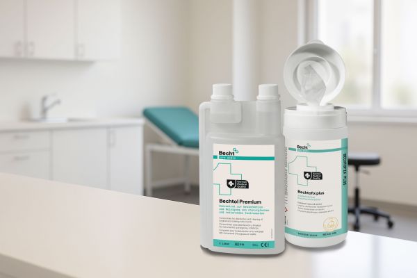 Bechtol Premium disinfectant solution bottles in clinical setting, medical surface cleaner for hygiene and infection control