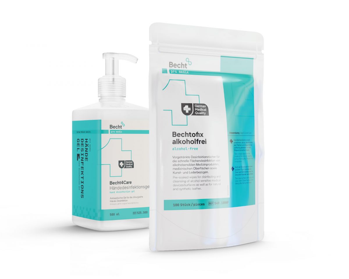 Becht hand sanitizer gel and Bechtofix alcohol-free disinfectant wipes.