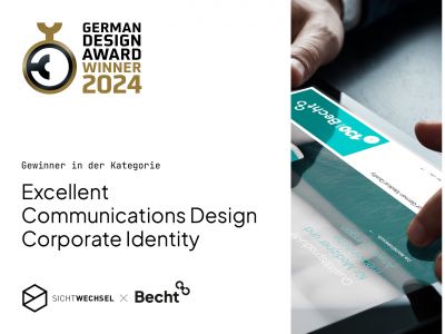 Gewinnerlogo des German Design Award in der Kategorie „Excellent Communications Design – Corporate Identity“, eine Hand auf einem Tablet mit der Becht-Website und eine Becht-Handdesinfektionsflasche.