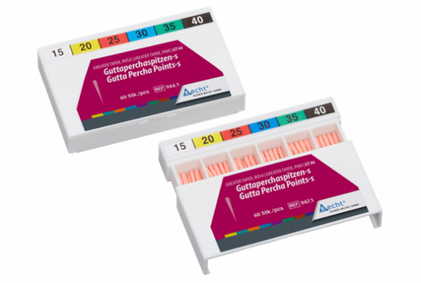 Becht pro medix gutta-percha points in color-coded boxes for endodontic root canal filling.