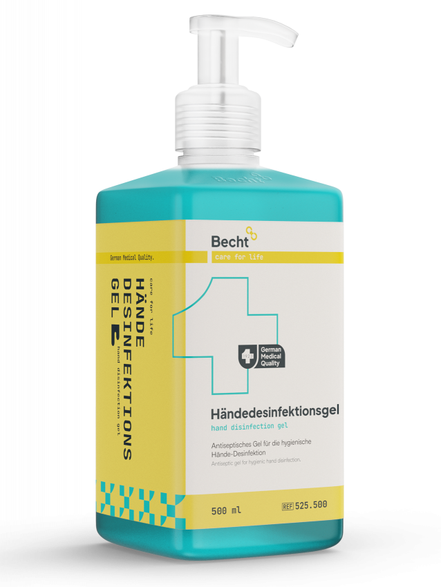 Becht Händedesinfektionsgel in türkis-gelber Flasche mit Pumpspender zur hygienischen Händedesinfektion.