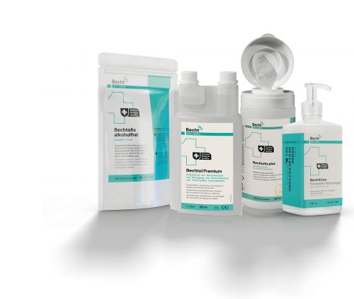 Becht pro medix range for hygiene and disinfection with various bottles, canisters, and refill bags.