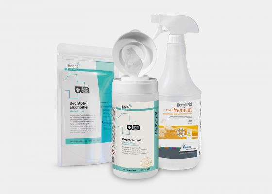 Bechtofix disinfectant wipes and Bechtozid Premium Spray for rapid disinfection of surfaces.
