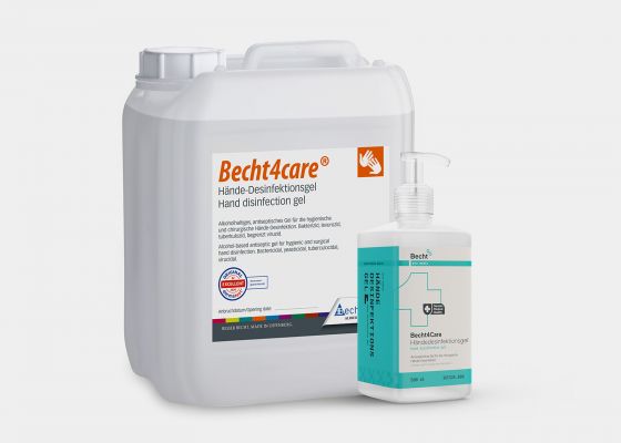Becht4Care hand disinfection gel with pump bottle and refill container for hygienic and surgical hand sanitization.