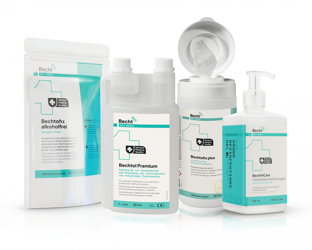 Becht pro medix range for hygiene and disinfection with various bottles, canisters and refill bags.