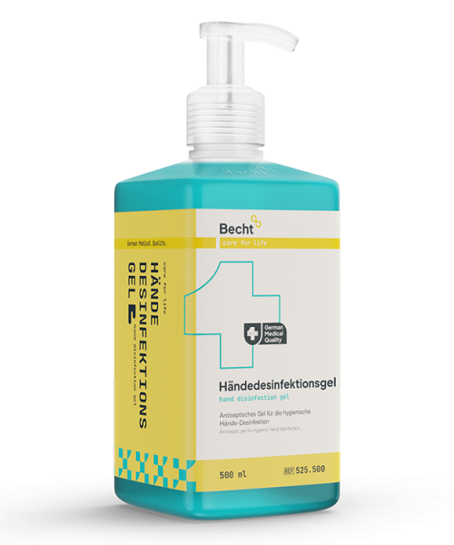 Becht hand disinfection gel in a turquoise and yellow pump bottle for hygienic hand cleaning.
