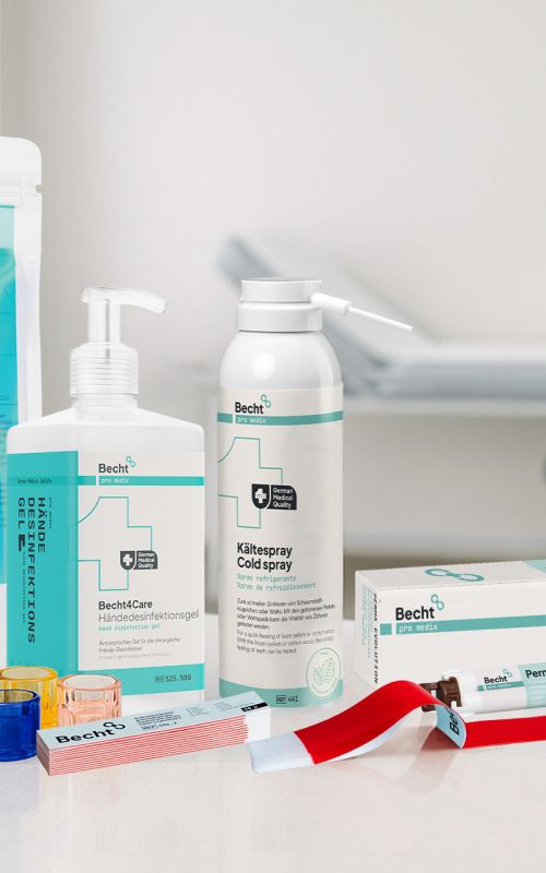 Becht pro medix products in a practice setting: disinfectant wipes, hand sanitizer gel, cold spray, root filling material, and dental accessories.