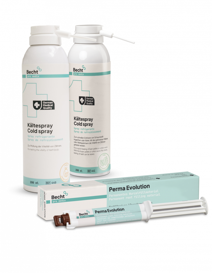 Becht cold spray cans and Perma Evolution root filling material, professional dental diagnostics and endodontic treatment products
