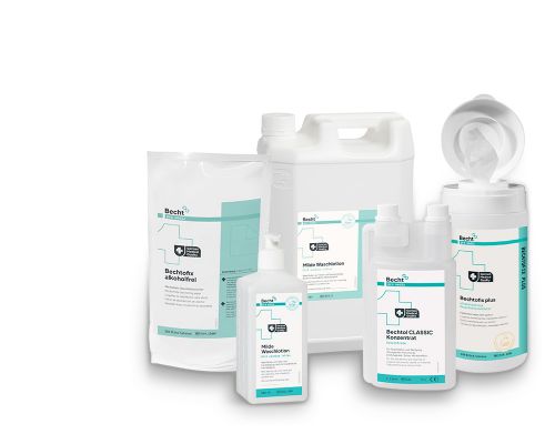 Becht pro medix range for hygiene and disinfection with various bottles, canisters, and refill bags.