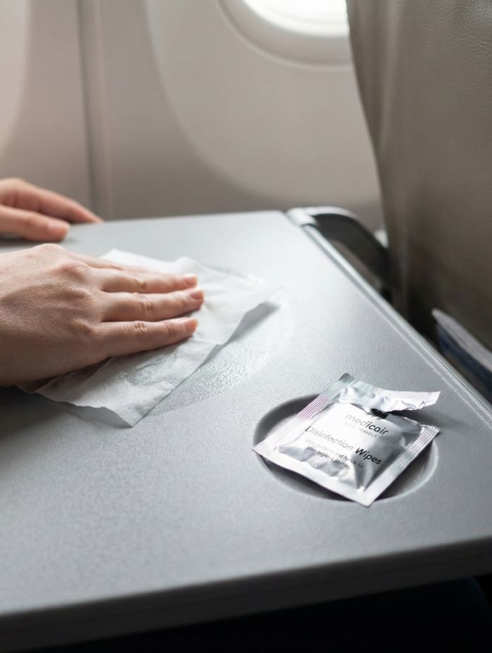 Hand reinigt einen Flugzeug-Klapptisch mit einem Desinfektionstuch; daneben liegt ein einzeln verpacktes Desinfektionstuch als OEM-Hygieneprodukt für Reise- und Transportumgebungen.