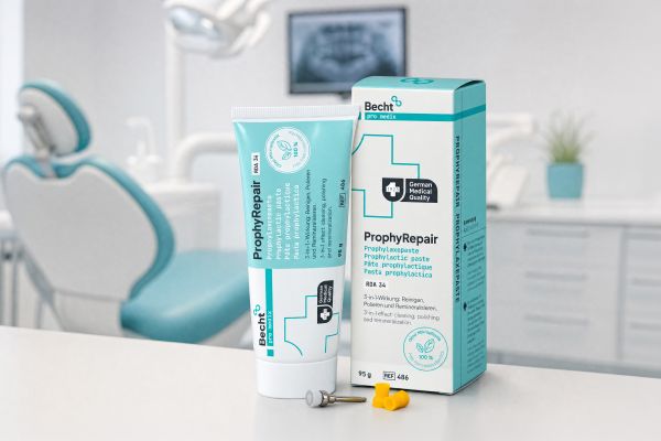 Prophylaxepaste ProphyRepair und Natur-Zahnseide von Becht auf einem weißen Tisch in moderner Praxisumgebung.