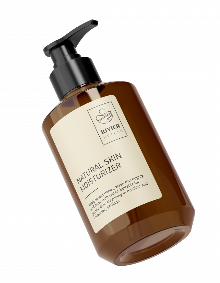 Natural skin moisturizer in angled brown pump bottle with Rivier Hotels label for deep hydration and daily skincare.