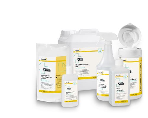 Becht care for life range of disinfectant and cleaning solutions in various packaging sizes.