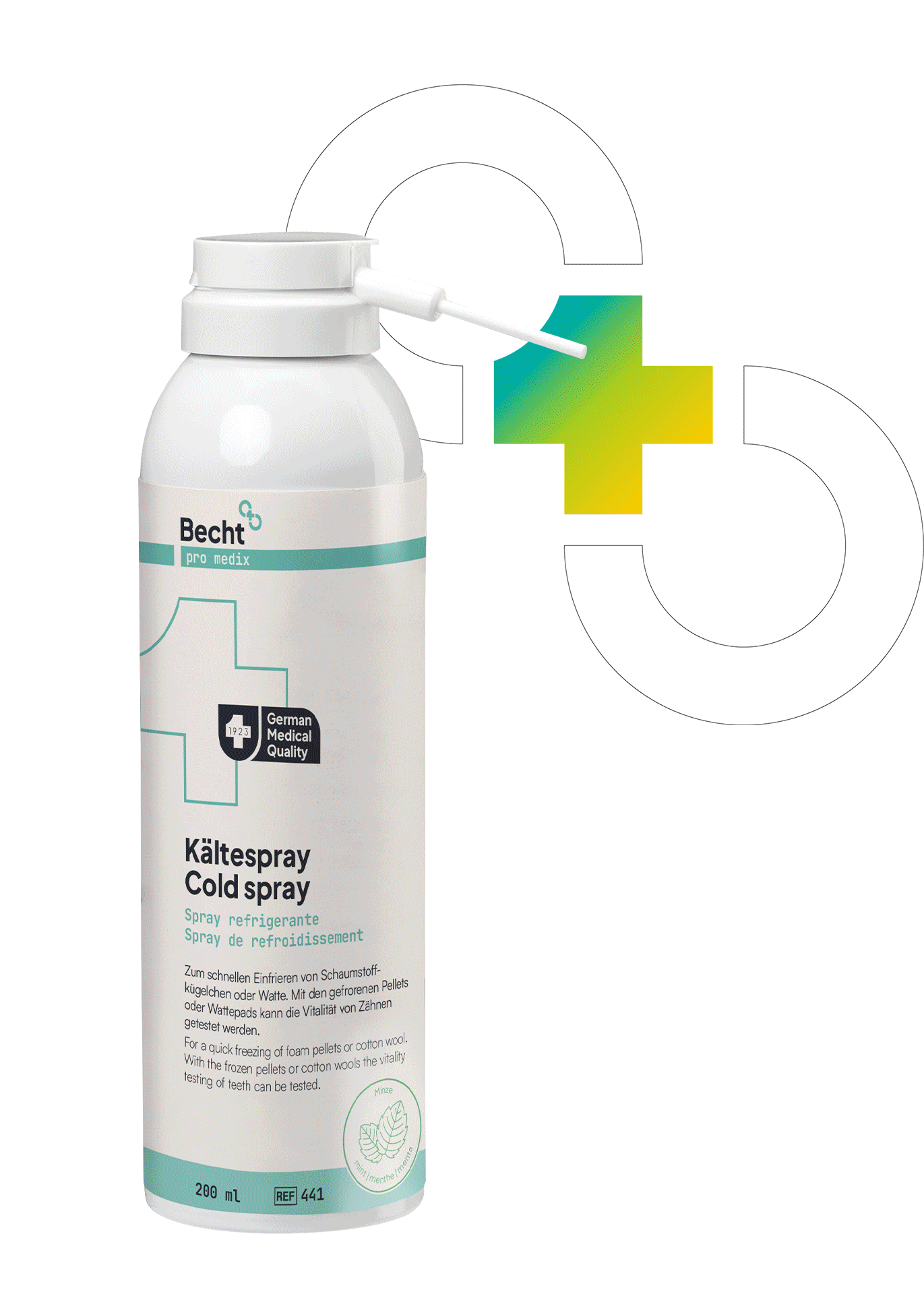 Animated GIF showing different Becht pro medix endodontic products, including cold spray, Perma Evolution root filling material and other dental products, each labeled “German Medical Quality”.