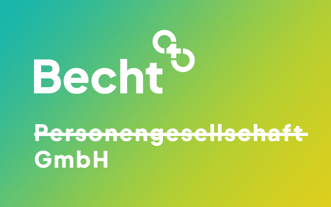 Modern Becht logo on a green-yellow gradient background with the word “Personengesellschaft” crossed out and “GmbH” highlighted.