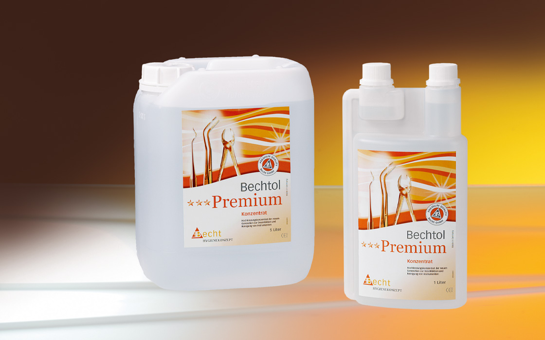 Bechtol Premium high-performance concentrate by Alfred Becht for instrument disinfection, shown in 1-liter and 5-liter bottles.