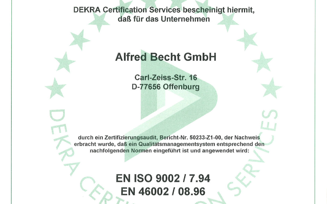 1998 DEKRA certificate for Alfred Becht GmbH confirming ISO 9002/46002 certification and compliance with Medical Devices Directive 93/42/EEC.