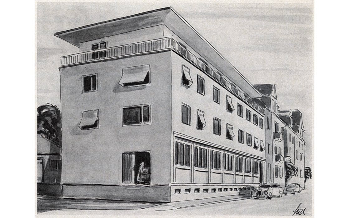 Architectural drawing of a modern multi-story building with awnings and vehicles in front of it.
