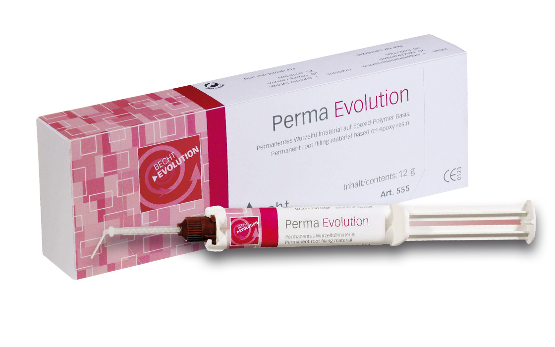 Perma Evolution root canal sealer by Alfred Becht, permanent root filling material based on epoxy resin, shown with cartridge and packaging.