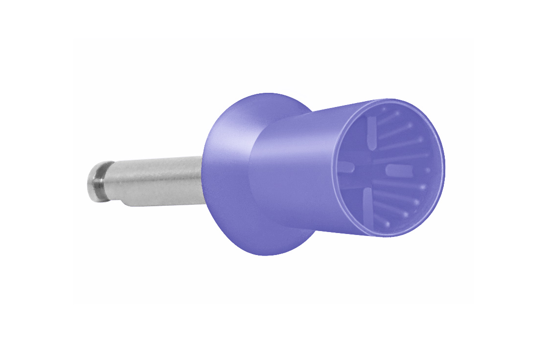 Prophylaxis brush by Alfred Becht with violet plastic head and metal shank for professional tooth cleaning and polishing.